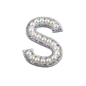 Height 4.5cm heat transfer ABS pearl stones patch iron on crystal rhinestone motif letter patches for garments