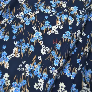 Warna biru laut bunga kecil cetak Digital harga grosir pabrik Cina langsung sutra Crepe De Chine kain