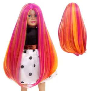 Parrucca sintetica lunga da 16 pollici argento onda diritta parrucca fatta a macchina di colore misto rosso per negozio di bambole
