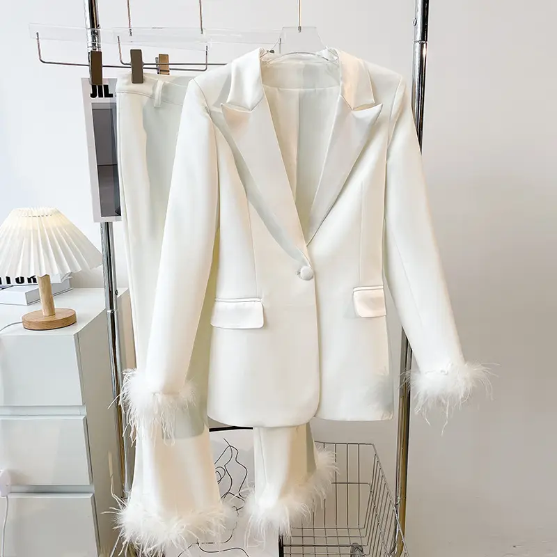 K & Y Luxury Fancy Clothing Business Women White Blazer With Feathers Party Wear Office Ladies Two Piece Outfit Set