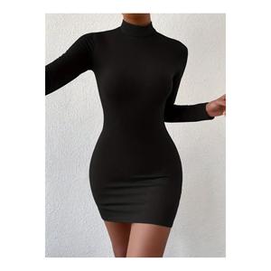 Robe mini noire à col haut et manches longues en lycra pour soirée - Product Image 1