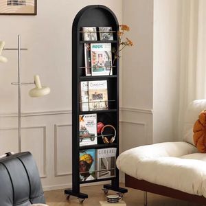 Retro Solid Wood Floor Mirror With Bookshelf Full Length Rotating Home Storage Vintage Walnut Black Mid Century Modern Design - Product Image 4