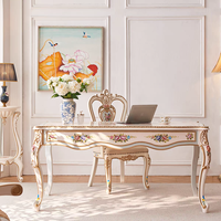 Ensemble de bureau de style rococo français - Bureau d'écriture et chaise en bois massif peints à la main, table d'ordinateur de style européen de luxe