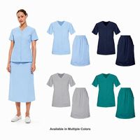 Ensemble de blouses médicales pour femmes : Jupe et Tunique à col en V avec plastron entièrement boutonné, longueur mi-mollet, fente arrière élastique – Uniforme d'infirmière personnalisé pour hôpitaux et établissements médicaux