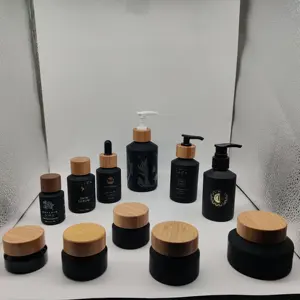 Zwarte Matte Cosmetische Verpakkingen Glazen Fles En Tilt Jar Voor Serum Essentiële Olie Lotion Gezichtscrème Huidverzorging Balsem Met bamboolid