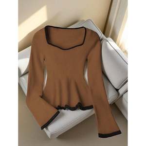 Pull en tricot à manches longues pour femme, col carré noir, bordure contrastée, pour l'automne - Product Image 6