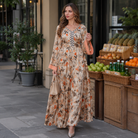 Nouvelle arrivée Robe longue ample à col en V, imprimé floral, manches longues, poignets contrastés, ceinture à nouer à la taille |   Abaya musulmane quotidienne, robe islamique modeste