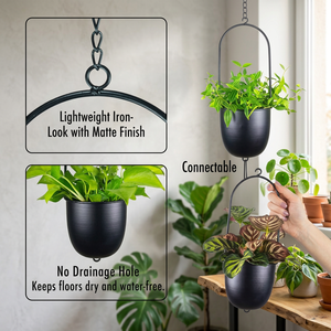 Pot de fleurs suspendu moderne en métal avec revêtement en poudre, jardinière elliptique pour plantes d'intérieur et d'extérieur, design minimaliste, couleur noire - Product Image 4
