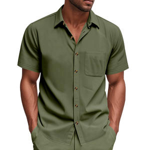 Chemise d'été pour homme transfrontalière à manches courtes, couleur unie, respirante, décontractée, col tissé, grande taille - Product Image 3