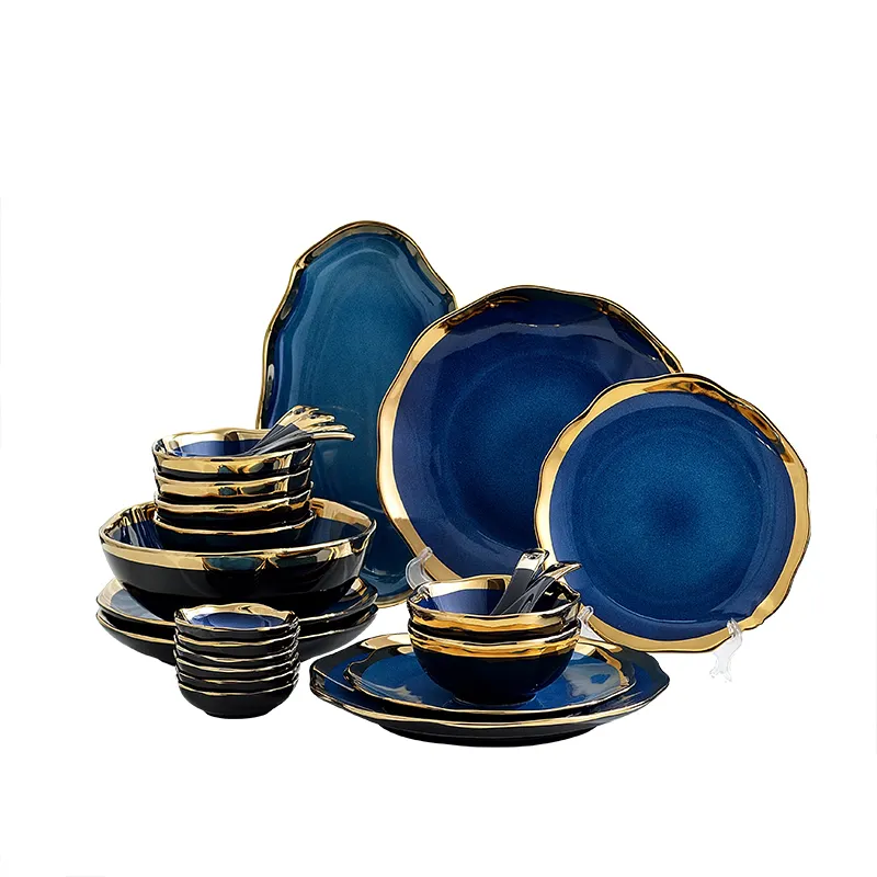 Antique Blue Ceramic Dinnerware Set Kiln Glazed Tableware Set Luxury Dinner Plate Set with Gold Rim