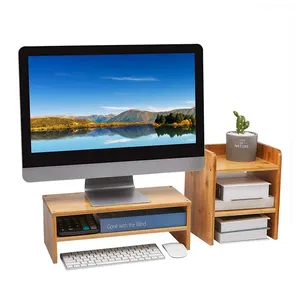 computadora de impresora de escritorio Suppliers-Soporte elevador de madera de alta calidad para teléfono móvil, TV, impresora, Ordenador de bambú con organizador de almacenamiento de escritorio de 2 niveles