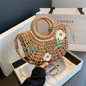 2025 Women's Braided Straw <b>Bag</b> <b>Large</b> Capacity Cotton Handheld <b>Beach</b> Half-Round Crossbody Single Shoulder Fashionable Summer - Product Image 6