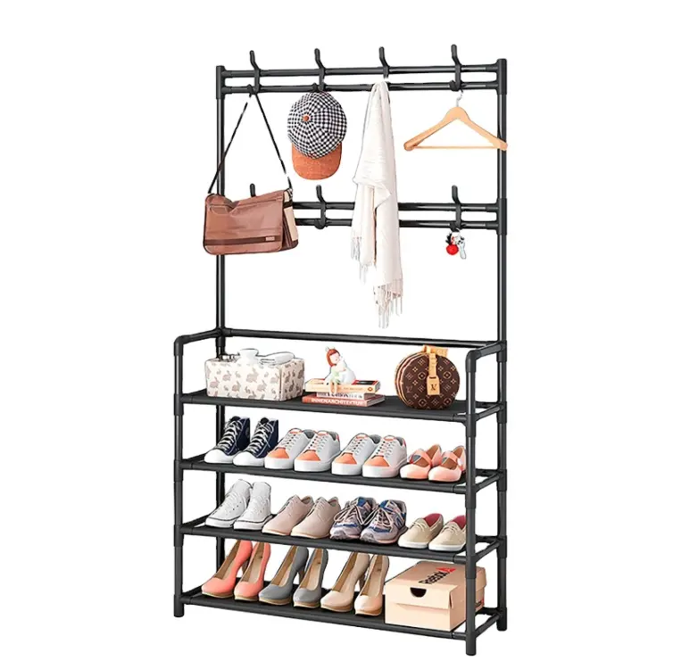 Entree Schoenrek Kapstok Organizer, 3-In-1 Metalen Frame Hal Boom Kapstok Met 5 Tier Schoenenopbergplanken