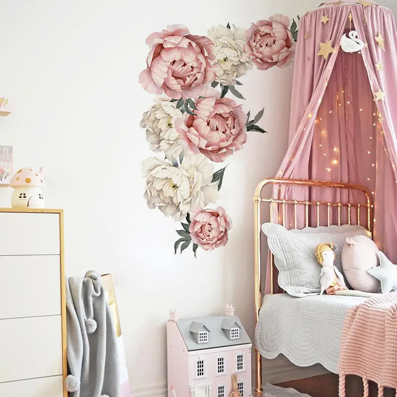 Children's Room Home Decoration PVC Decal Peony Rose Flower Wall Stickers Home Decor For Kids Room