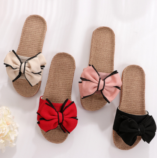 2021 Women Summer Casual Slides Comfortable Flax Slippers Striped Bow Linen Flip Flops Platform Sandals For Ladies Indoor Shoes