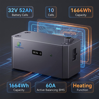 Batterie LiFePO4 haute capacité 32V 1664Wh 52Ah, BMS à équilibrage actif 60A, fonction de chauffage pour système de stockage d'énergie solaire