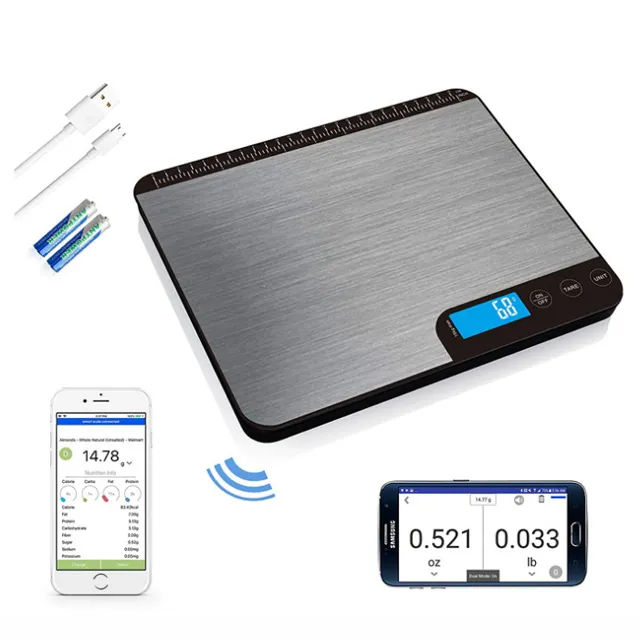 Stainless Steel LCD Display 15KG Smart Wireless Kitchen Scale with APP and USB charging