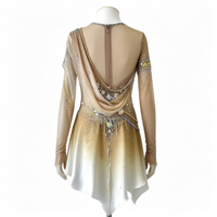 Robe de patinage artistique dégradé champagne avec strass et maille, manches longues, pour enfants et adultes, tenue de performance pour compétition sur glace