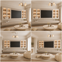 Meuble TV mural flottant blanc crème, unité multimédia moderne pour salon avec étagères LED cintrées et console de rangement cannelée