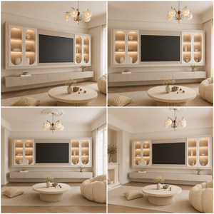 Cream White <strong>Floating</strong> TV <strong>Wall</strong> Cabinet Modern Living Room Media <strong>Unit</strong> with Arched LED Display Shelves and Fluted Storage Console - Product Image 3