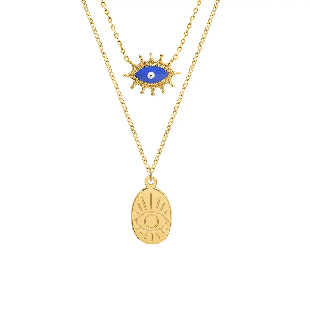 Poya Dainty Antique Rose Gold 18K Gold Plated Blue Enameled Stainless Steel Chain Turkish Devil Evil Eye Pendant Necklace