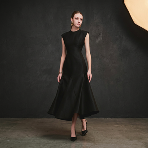 Women's Sleeveless High Neck A-Line Midi Dress Solid Color Breathable Woven Regular Fit Autumn Wear Elegant Professional - Product Image 3