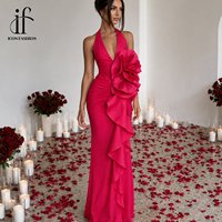 Robe de soirée sirène en satin fuchsia, dos nu, à volants floraux 3D, froncée, longue, pour femme, idéale pour les fêtes et les demoiselles d'honneur