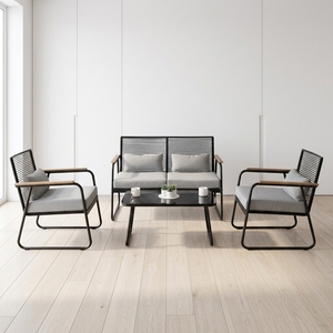 Conjunto de Muebles de Jardín de Mimbre Sintético <span class=keywords><strong>y</strong></span> Metal, Sofá <span class=keywords><strong>y</strong></span> <span class=keywords><strong>Sillones</strong></span>, Mesa de Centro con Tapa de Vidrio Templado <span class=keywords><strong>y</strong></span> Cojines Resistentes a la Intemperie - Product Image 5