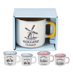 Tasse en céramique aspect émail, souvenir touristique de la ville d'<span class=keywords><strong>Amsterdam</strong></span>, Pays-Bas, avec motifs moulin à vent, tulipe, vélo. Idéale pour le camping. Services ODM OEM personnalisés. - Product Image 1
