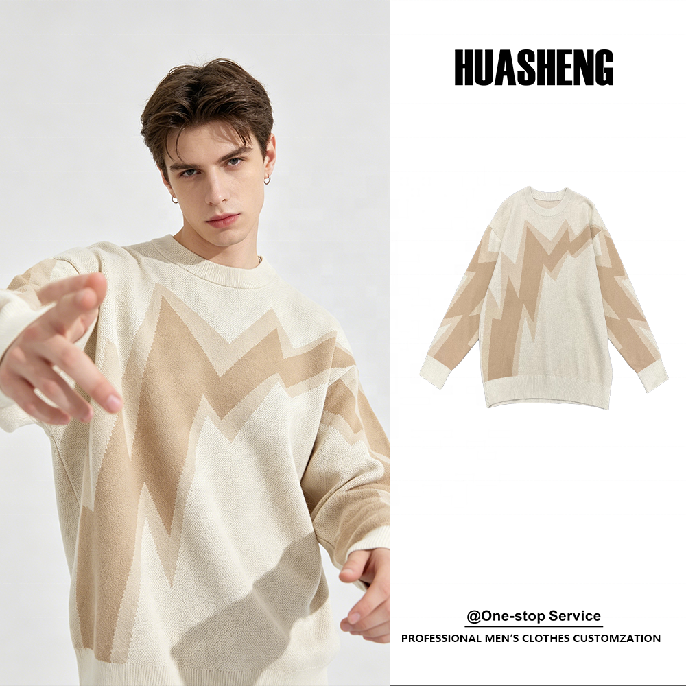 Custom Geometric Jacquard Woolen Streetwear Sweater Men Oversized Pullover OEM Wholesale Knitwear for Winter Casual