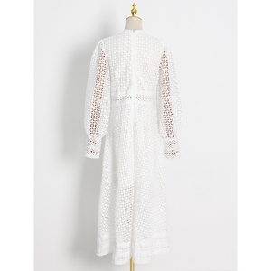 Vestidos de mujer de moda con bordado elaborado, cuello redondo calado, manga farol y cintura entallada - Product Image 4