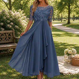 New Elegant <strong>Tea</strong> <strong>Length</strong> Formal <strong>Dress</strong> Women Lace Chiffon a Line Midi Gown <strong>Mother</strong> <strong>of</strong> <strong>Bride</strong> Cocktail Party <strong>Dress</strong> - Product Image 1