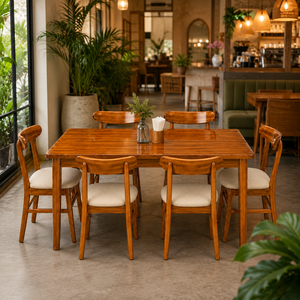 Juego de Comedor de Madera de Teca Sólida de Estilo Mid-Century con Seis Sillas Tapizadas y Mesa Rectangular de Madera para Proyectos Hoteleros y Residenciales - Product Image 1