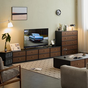 Ensemble de meubles de rangement de style <span class=keywords><strong>industriel</strong></span> moderne du milieu du siècle : <span class=keywords><strong>meuble</strong></span> <span class=keywords><strong>TV</strong></span>, table basse et commode avec finition couleur noyer - Product Image 4
