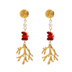 Pendant <b>Earrings</b> Stainless Steel <b>Red</b> Stone Freshwater Pearl Gold Plated Plant Shape Dangle Jewelry - Product Image 1