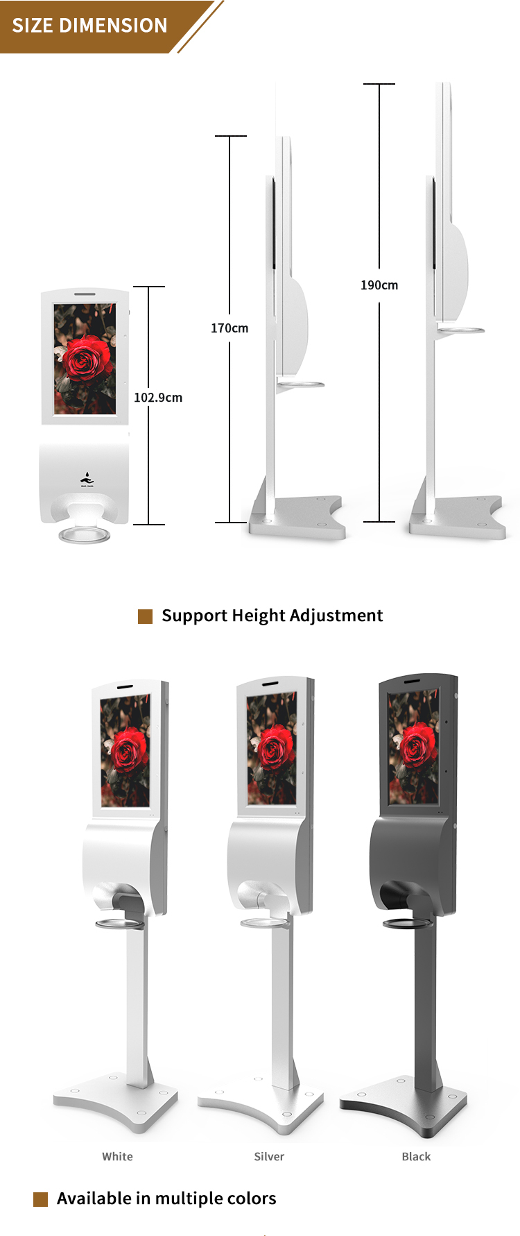 Soporte de floor and wall mounted touch-a freehand hand sanitizer alcohol dispenser LCD ad player