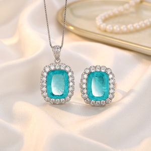Geometric 12*16mm Cubic Zirconia <b>Ring</b> and Pendant CZ Bezel Set Copper White Gold Plated <b>Blue</b> Stone Women's Vintage Jewellery Set - Product Image 3