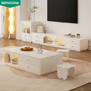Mobília home creme decorativo luxo alta qualidade clara branca retângulo sala de estar moderna mesa de café com armazenamento