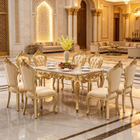 Ensemble de salle à manger rectangulaire de luxe en bois massif sculpté or, style arabe et européen, avec plateau en marbre et chaises en cuir PU beige pour villa, palais, hôtel