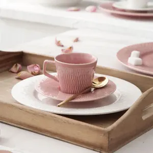 英国意大利瓷杯套装/浓缩咖啡杯卡布奇诺粉色杯和茶碟