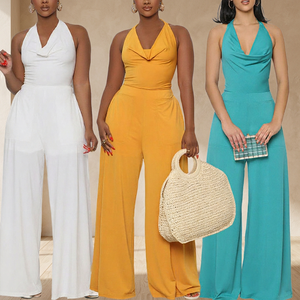 Summer <b>Women's</b> Loose Knitted Casual Solid Office V Neck High Waist Wide Leg <b>Romper</b> Jumpsuit Going Out - Product Image 3