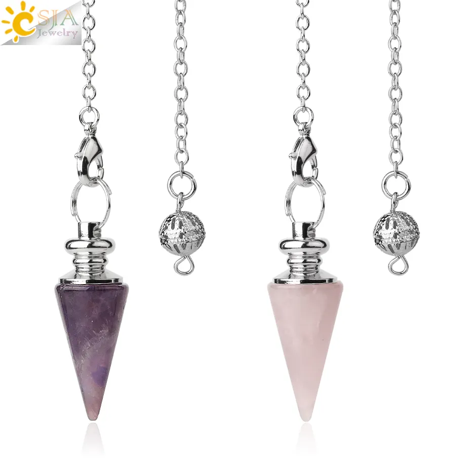 CSJA gemstone pendulums chakra reiki healing pendants crystal quartz amethyst conical pendulum for dowsing divination G491