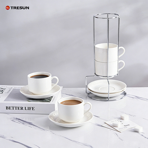 Lot de 4 tasses à expresso en céramique blanche avec soucoupes, 8 oz, empilables, pour cappuccino, avec support métallique - Product Image 1