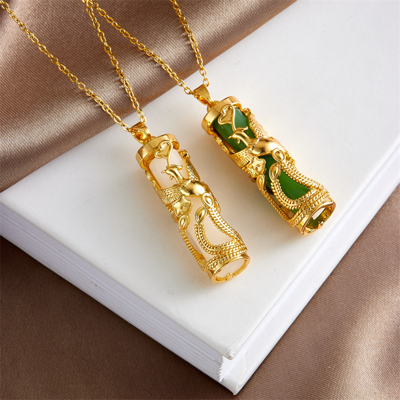 18k Gold Plated Dragon Phoenix Pendant Necklace with Jade