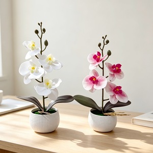 Orchidée Phalaenopsis Bonsaï Quatre Fleurs en Caoutchouc Souple avec Pot pour Décoration de Bureau Jaune Blanc Rose Vert - Product Image 2