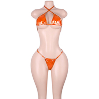 Ensemble de bikinis deux pièces attrayant en cuir verni à lacets, orné de strass, dos ouvert, pour femmes adultes, style Club Bottle Girl, pour soirées Rave