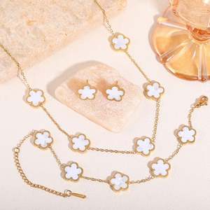 Women's Five-Leaf Clover Stainless Steel Jewelry Set Simple Stylish Electroplated <b>Bracelet</b> Necklace & Earrings - Product Image 1