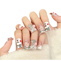 Faux ongles à presser faits main, motif fleur rose 3D, décorations en strass, motif étoile et inscription 'I Love Me', en acrylique, couvrance totale, forme carrée, mignons