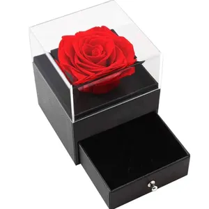 Akrilik gül mücevher kutusu korunmuş gül ile şeffaf akrilik kutu yılında mücevher tepsi anneler kız doğum günü sevgililer hediye için