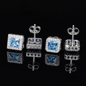 Boucles d'oreilles clous carrées en zircon bleu, argent 925 plaqué or blanc, classiques unisexes, résistantes au ternissement, étanches, boucles d'oreilles saphir - Product Image 1